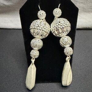 Statement Drop Earrings Women OS Silver Filigree Tiered Grey Stone